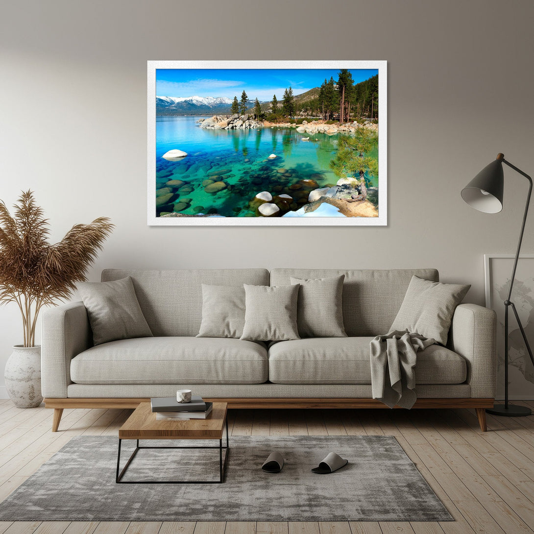 Framed Poster of a serene lake landscape with blue and green hues, perfect for adding a touch of nature to your home.