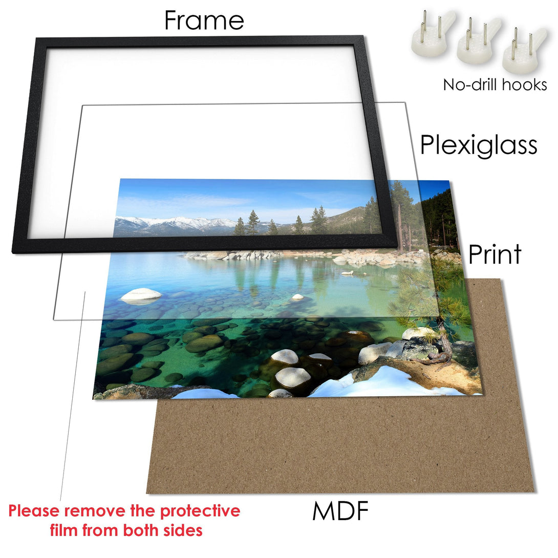 Framed Poster of a serene lake scene with blue, green, and white hues. Bring nature's beauty to your walls!