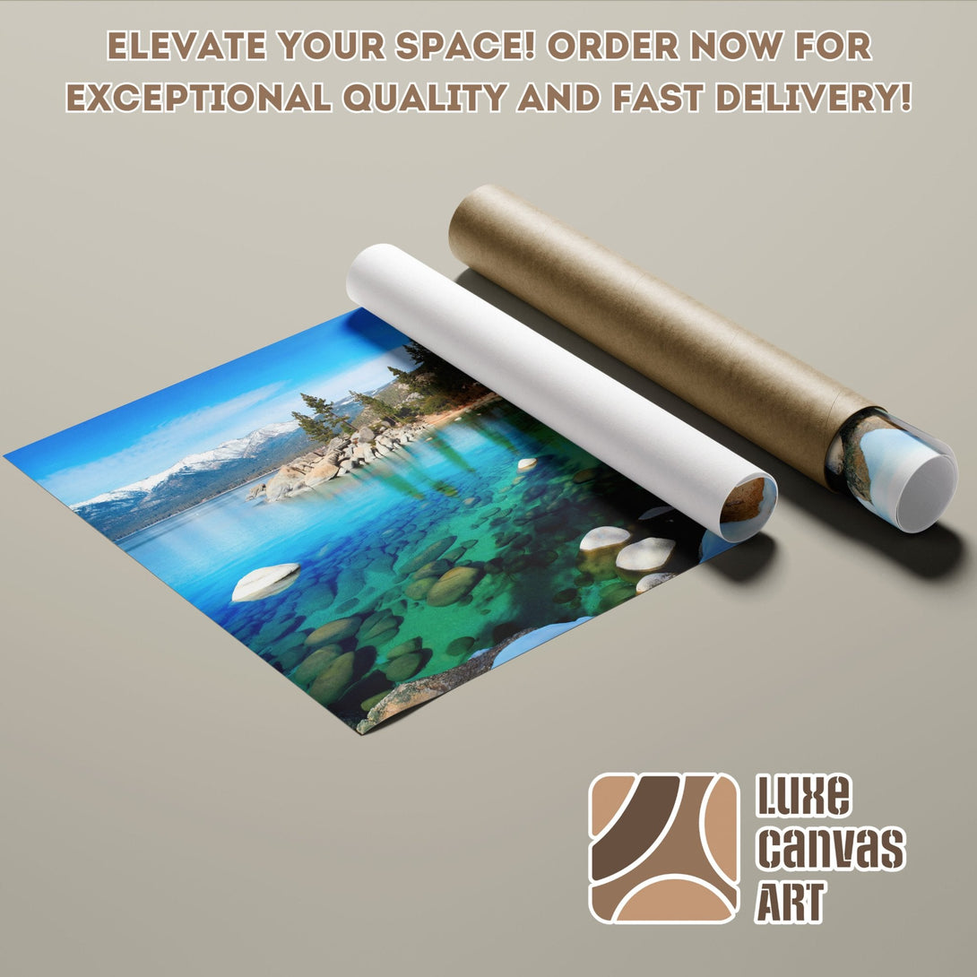Poster Roll of a scenic lake view with blue, green, and brown tones. Perfect wall art!