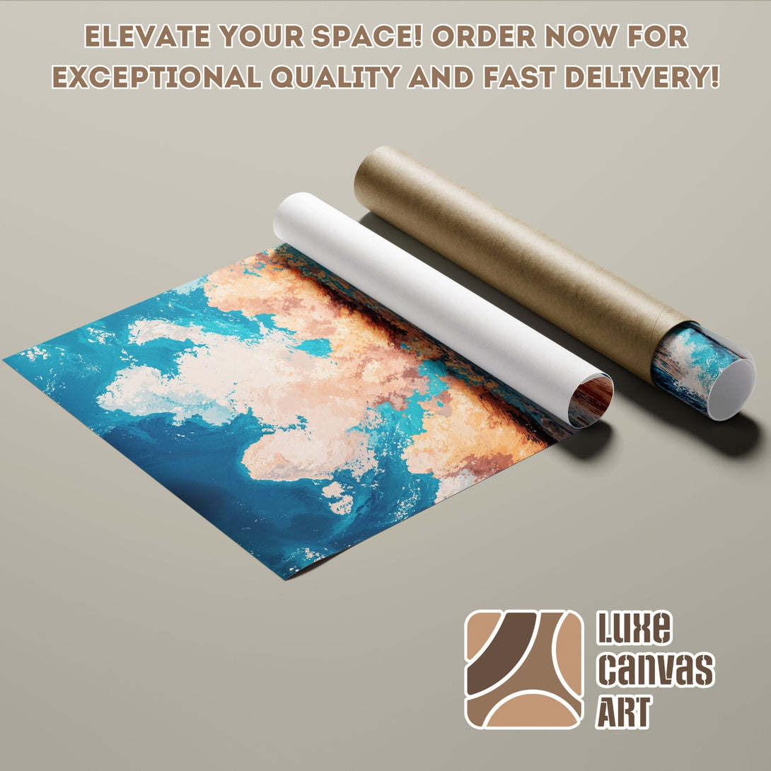 Abstract art poster roll with blue, tan, and brown tones. Elevate your space with this stunning Poster! Order now for fast delivery.