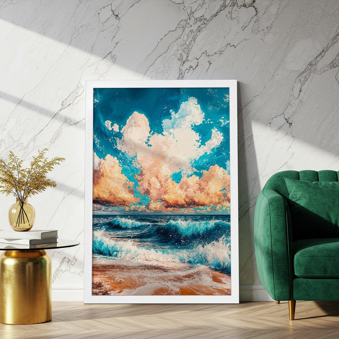 Framed Poster of a vibrant ocean scene. Artistic style with blue, orange, and white color palette. Bring the beach vibes home!