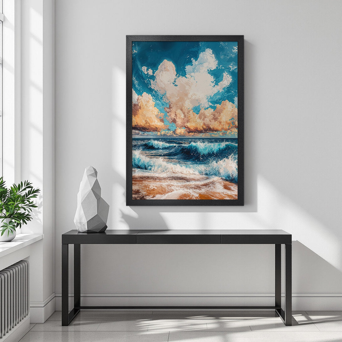 Framed Poster featuring a vibrant ocean scene with blue, orange, and white hues. Perfect wall art to brighten your space!
