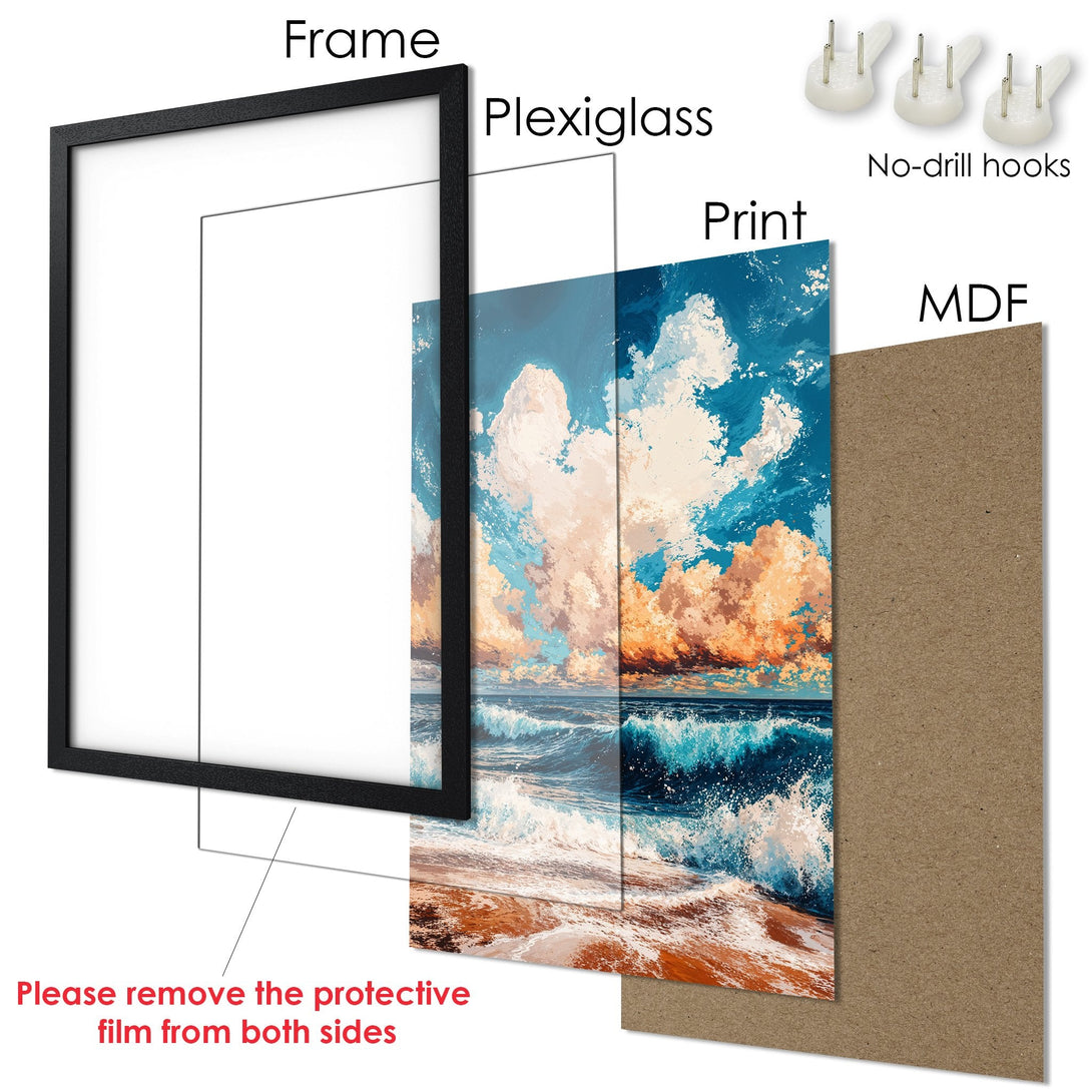 Framed Poster featuring a seascape painting with vibrant blue, orange, and white hues. Coastal art print for your home decor.