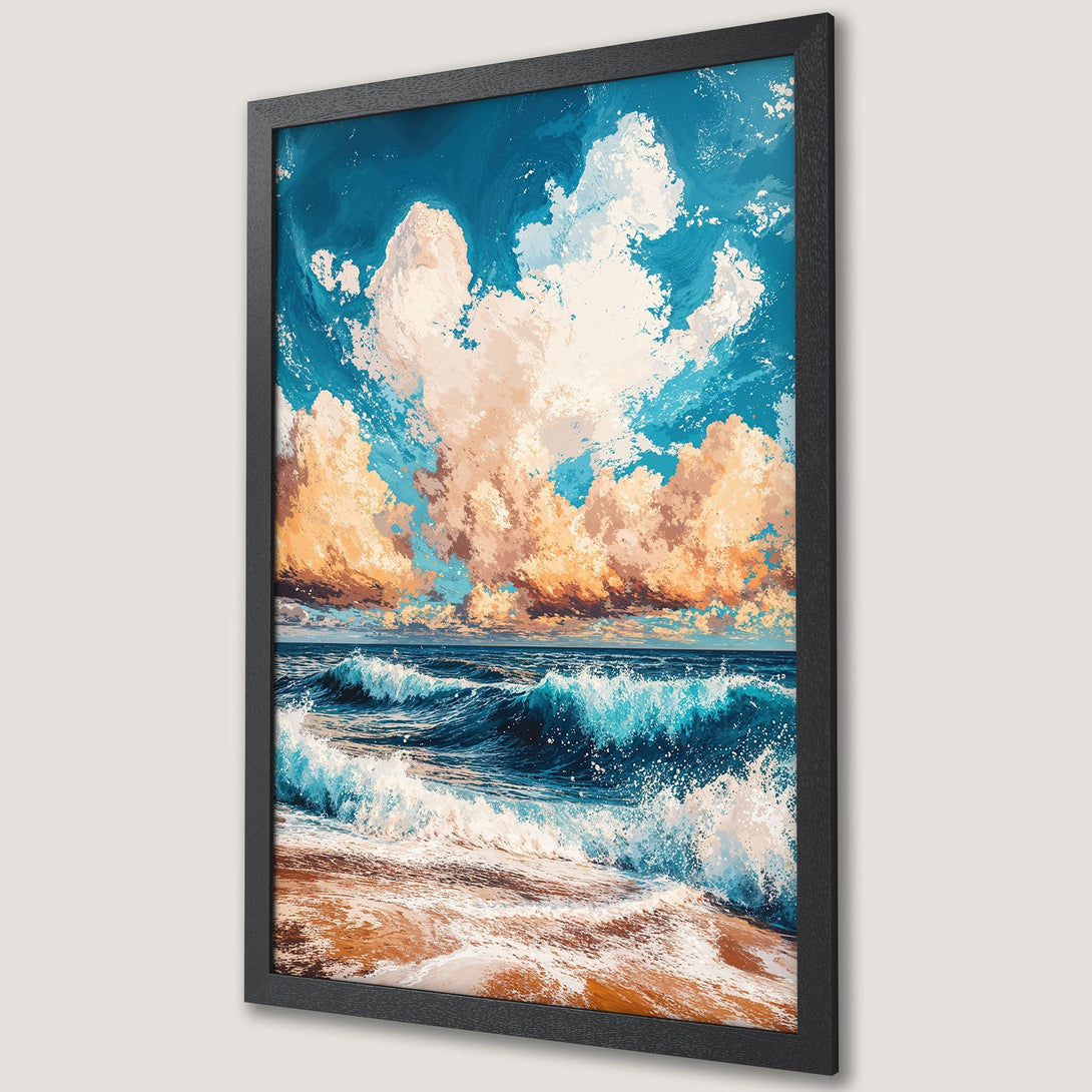 Framed Poster: Ocean waves art print in blue, orange, and white. Coastal wall decor, perfect for a serene home.