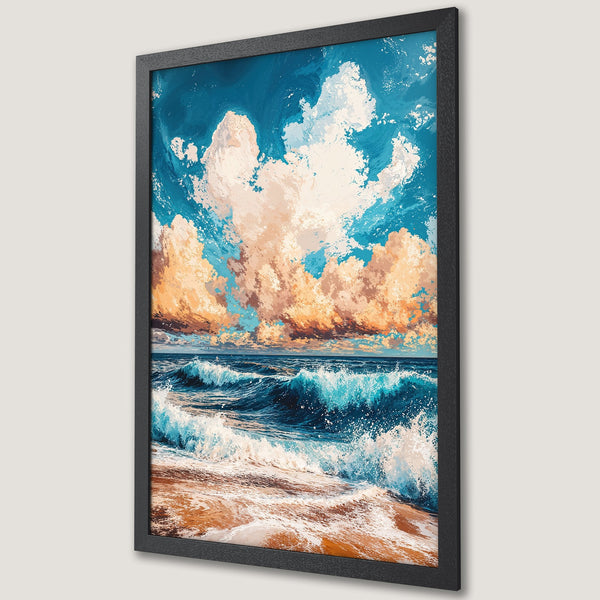 Framed Poster: Ocean waves art print in blue, orange, and white. Coastal wall decor, perfect for a serene home.