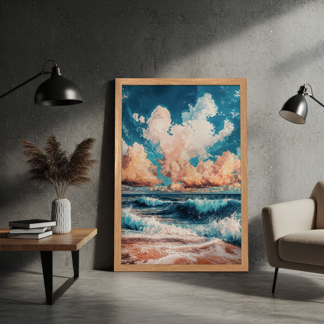 Framed Poster: Ocean waves art print in a modern style with blue, orange, and white color palette. Perfect wall decor for your home.