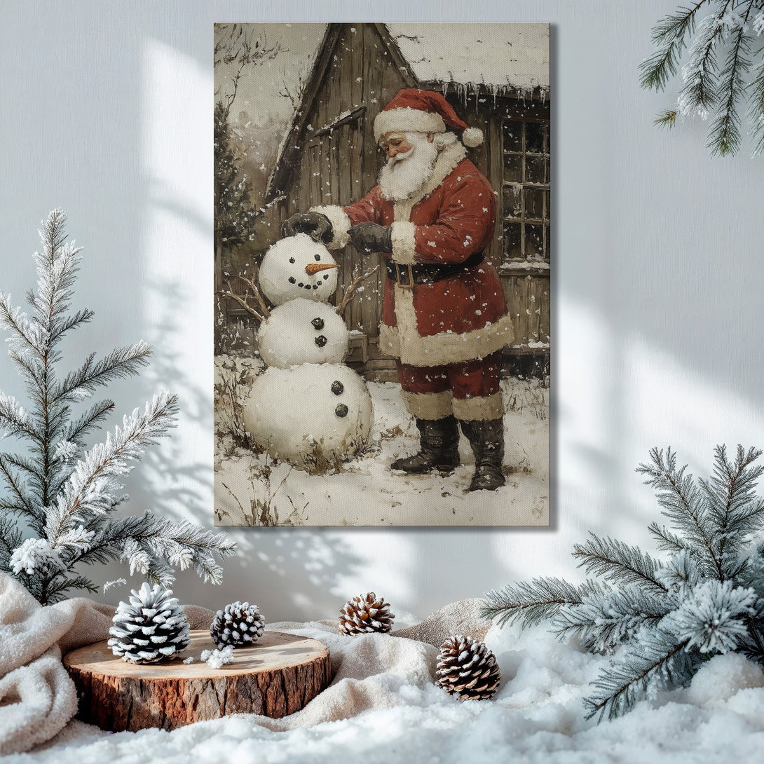 Framed Wall Art: Vintage Santa Claus building a snowman in a snowy scene. Warm, inviting color palette with greens, reds, and golds. Perfect Christmas decor.