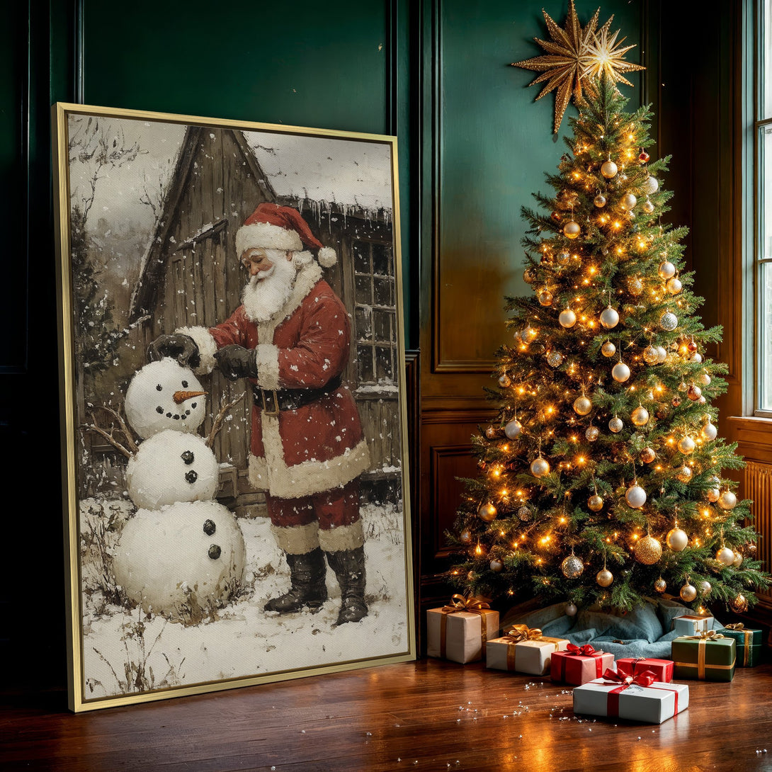 Canvas Print of Santa Claus building a snowman, vintage style, warm red and muted tones, perfect Christmas decor.