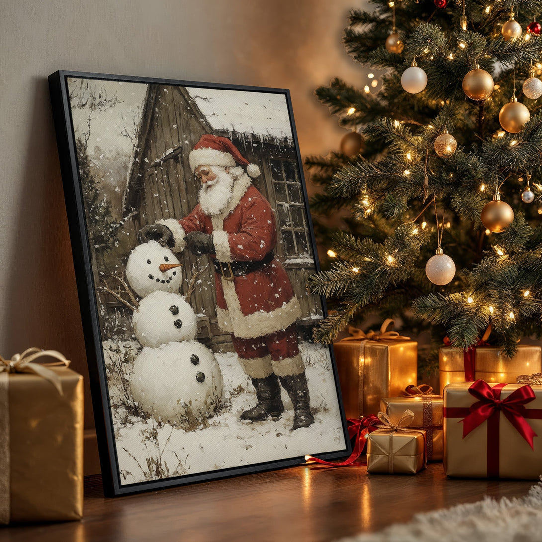 Framed Wall Art: Santa building a snowman in a vintage style painting. Festive Christmas decor with a warm, neutral color palette. Perfect holiday gift idea!