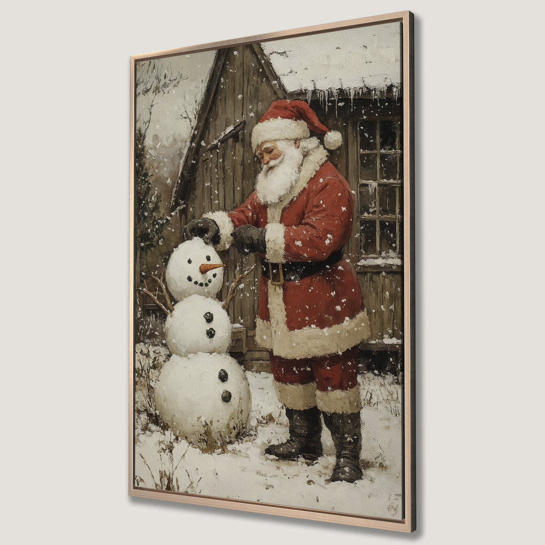 Framed Wall Art featuring Santa building a snowman in a vintage style. Warm red and brown tones evoke a cozy Christmas scene. Perfect holiday decor!