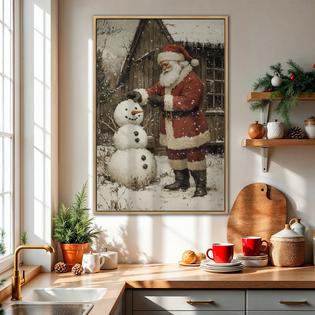 Framed Wall Art: Vintage Santa Claus building a snowman in a winter scene. Warm, rustic color palette. Perfect Christmas decor for your home.