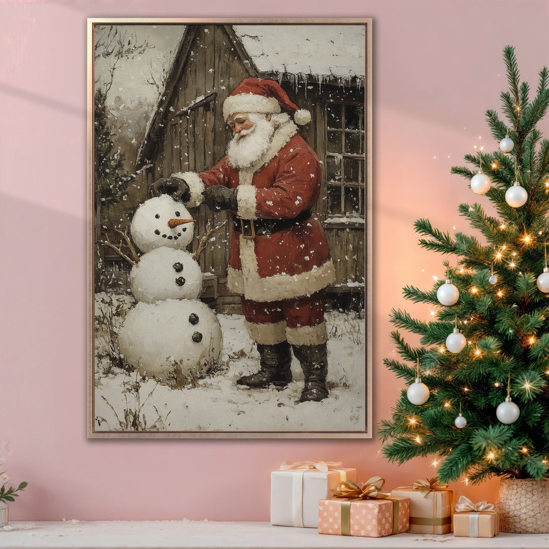 Framed Wall Art: Vintage Santa Claus building a snowman. Festive winter scene in warm red, brown, and white tones. Perfect holiday decor for your home!