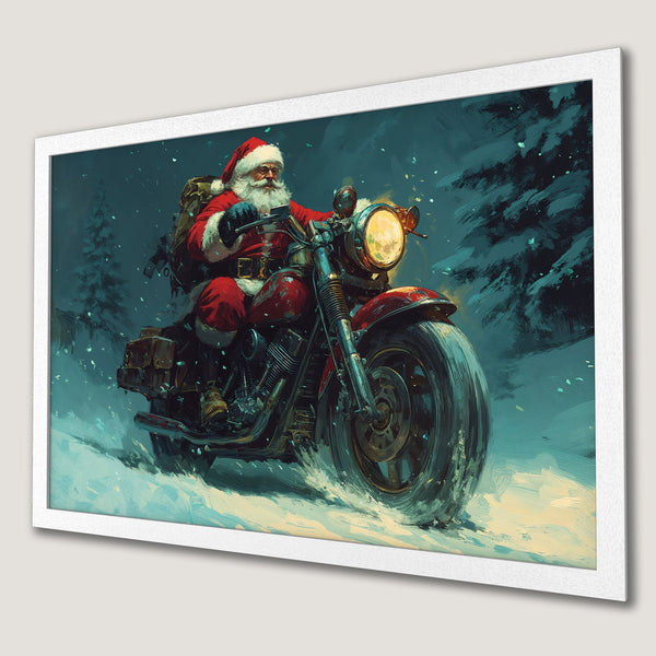 Framed Poster of Santa Claus on a motorcycle, artistic style, red and teal color palette. Perfect holiday decor!