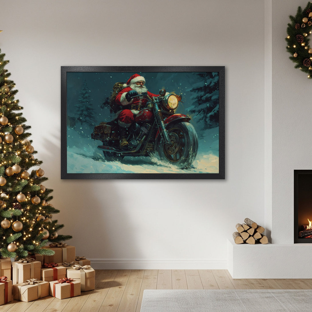 Framed Poster featuring Santa Claus on a motorcycle in a snowy scene. Artistic style with a red, blue, and white color palette. Perfect Christmas decor!
