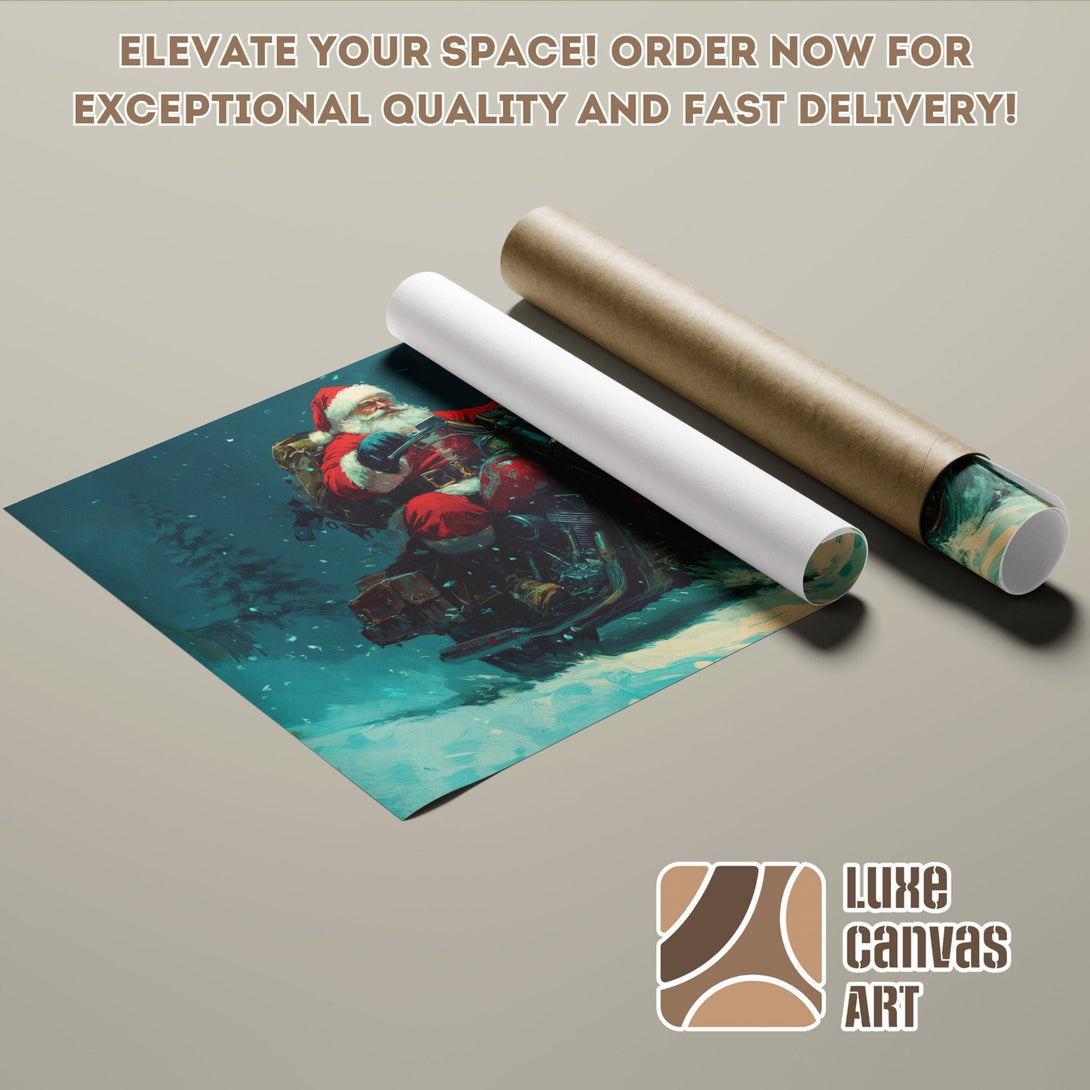 Santa on a motorcycle poster roll, teal & red art print. Elevate your space with this unique poster!
