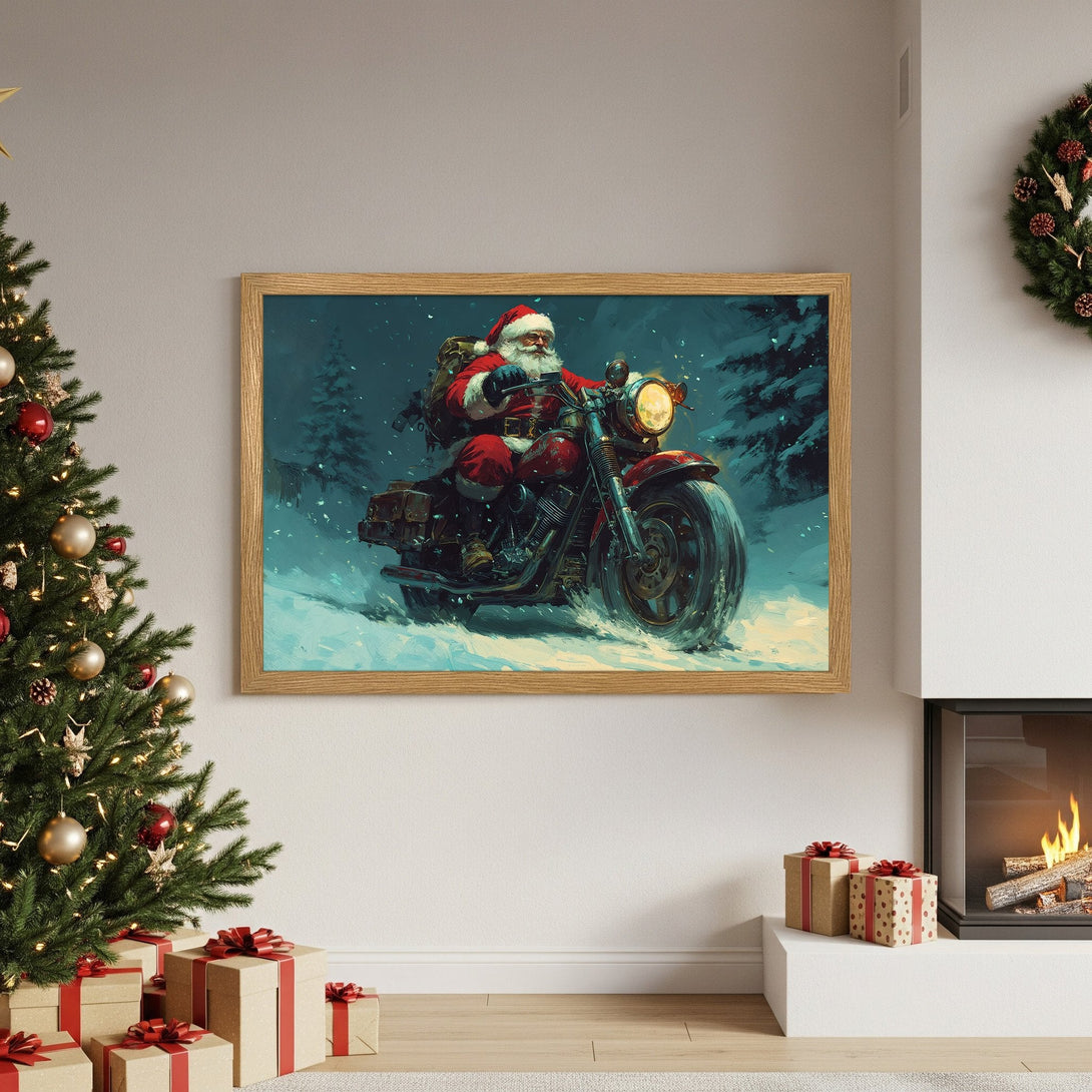Framed Poster featuring Santa Claus on a motorcycle, artistic style, with a wintery blue and red color palette, perfect for Christmas decor.
