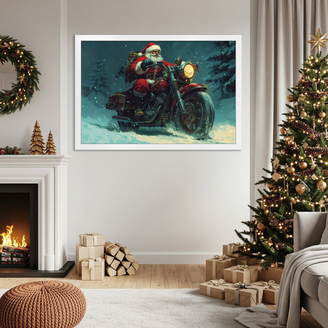 Framed Poster of Santa on a motorcycle in a winter scene, artistic style, red and teal color palette. Perfect Christmas decor!