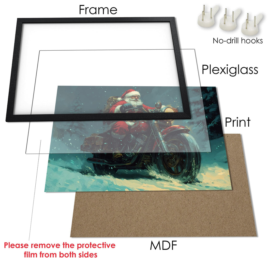 Framed Poster featuring Santa on a motorcycle, vibrant colors and a painterly style. Perfect Christmas decor!