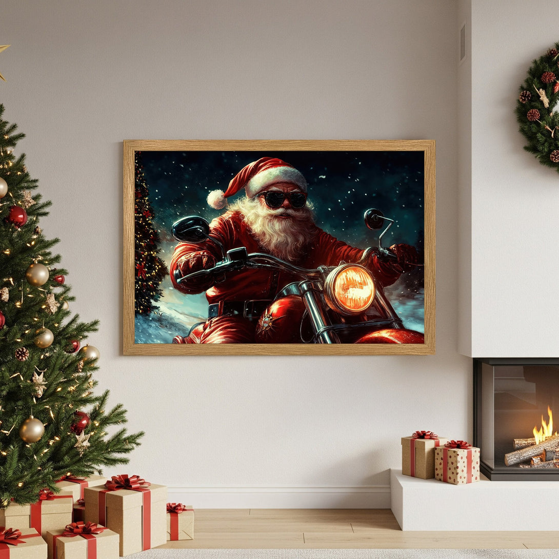 Framed Poster featuring Santa on a motorcycle, vibrant red and blue tones, perfect Christmas decor.