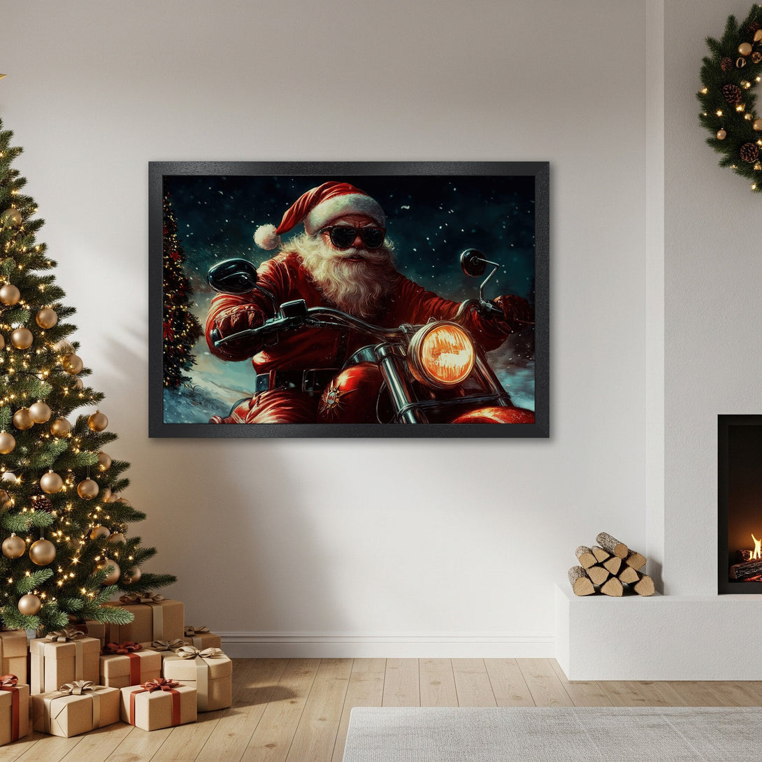 Framed Poster featuring Santa Claus riding a motorcycle, vibrant red and cool blue tones, perfect Christmas decor!