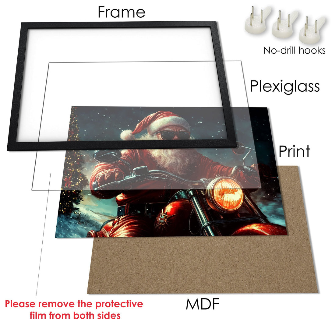 Framed Poster featuring Santa Claus on a motorcycle, vibrant red and blue tones, perfect Christmas decor.