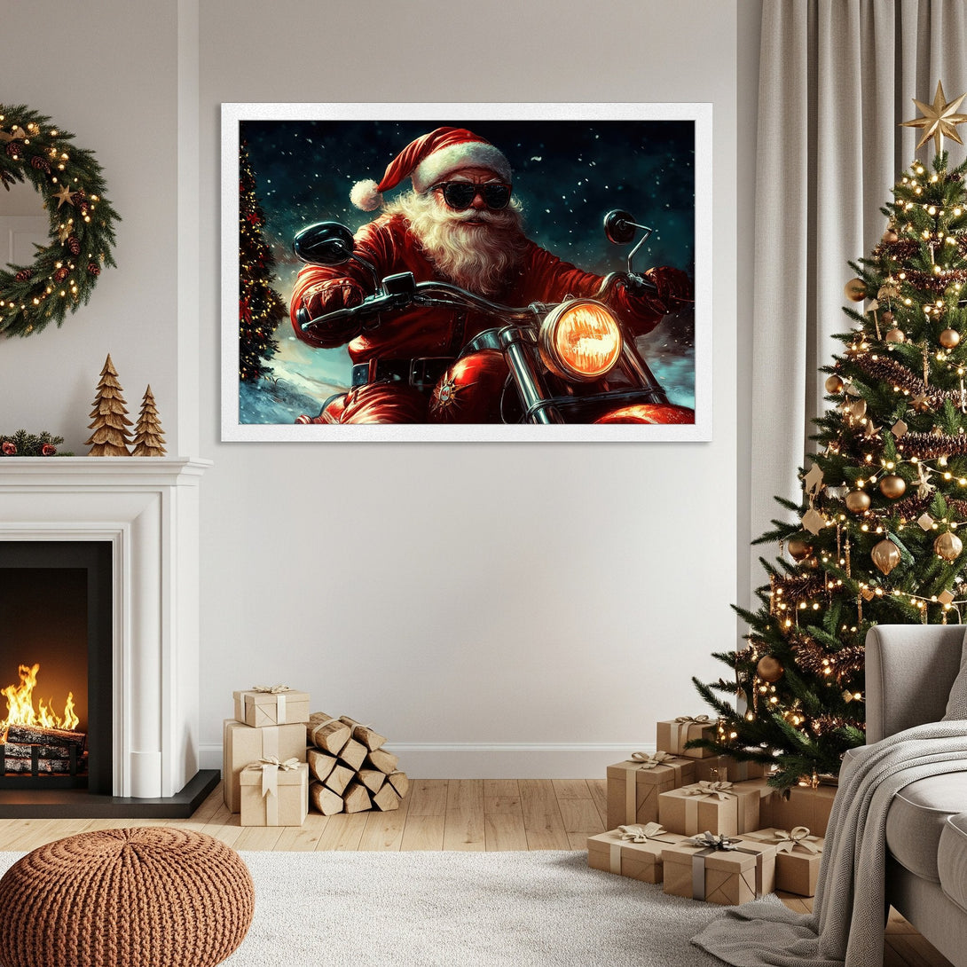 Framed Poster of Santa on a motorcycle, festive art in red and blue tones, perfect Christmas decor.