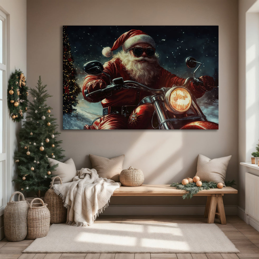 Framed Wall Art: Santa Claus on a motorcycle, vibrant red and cool blue tones, modern style. Perfect Christmas decor!