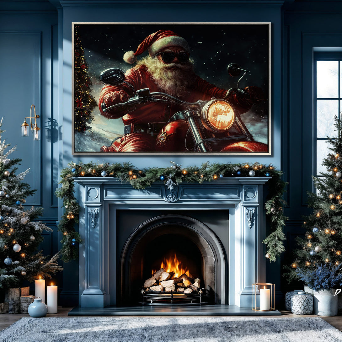 Framed Wall Art: Santa on a motorcycle. Festive artwork in a blue room with Christmas decor. Red, blue, and white color palette. Perfect holiday gift!