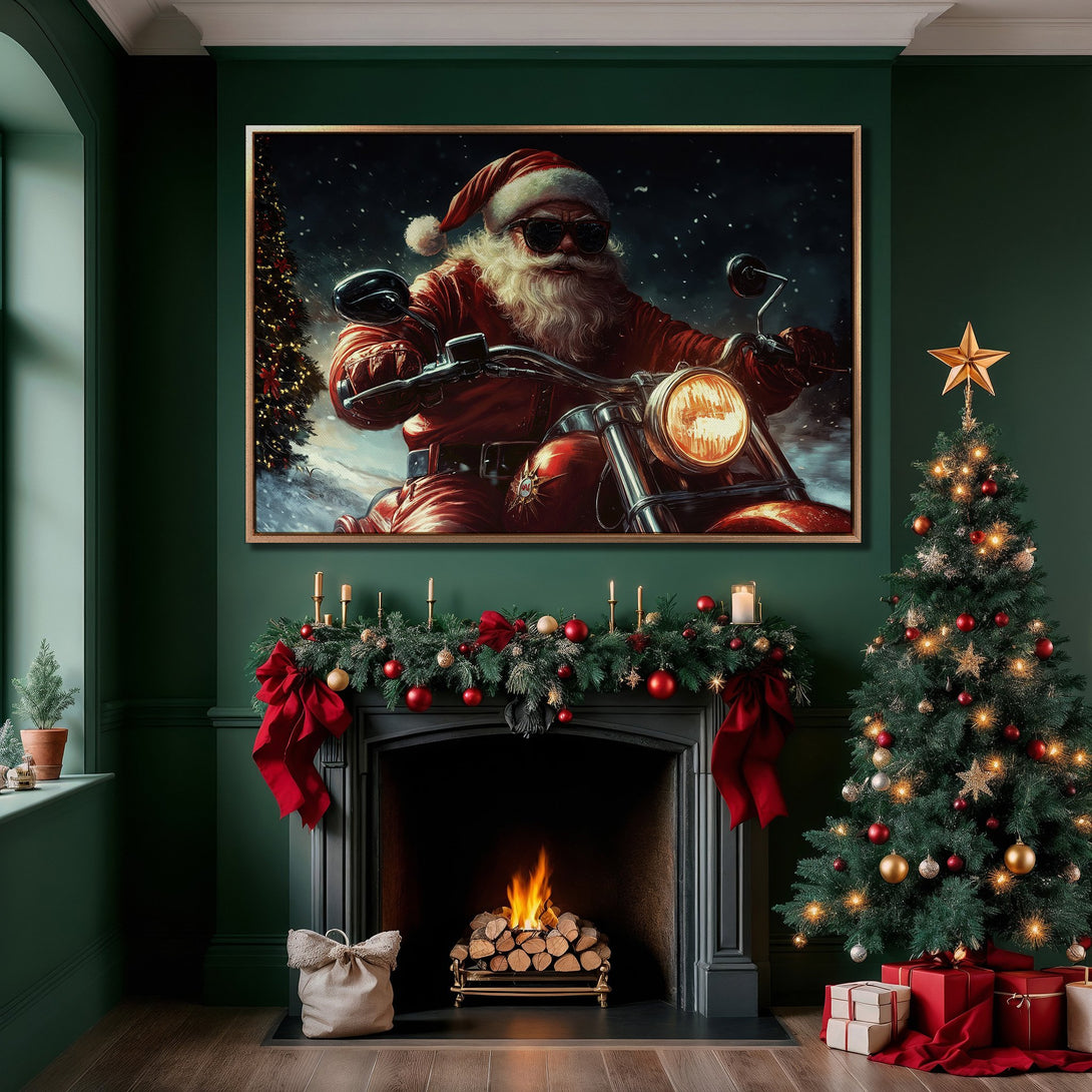 Framed Wall Art: Santa Claus on a motorcycle in a festive Christmas scene. Rich red, green, and gold color palette, perfect holiday decor.