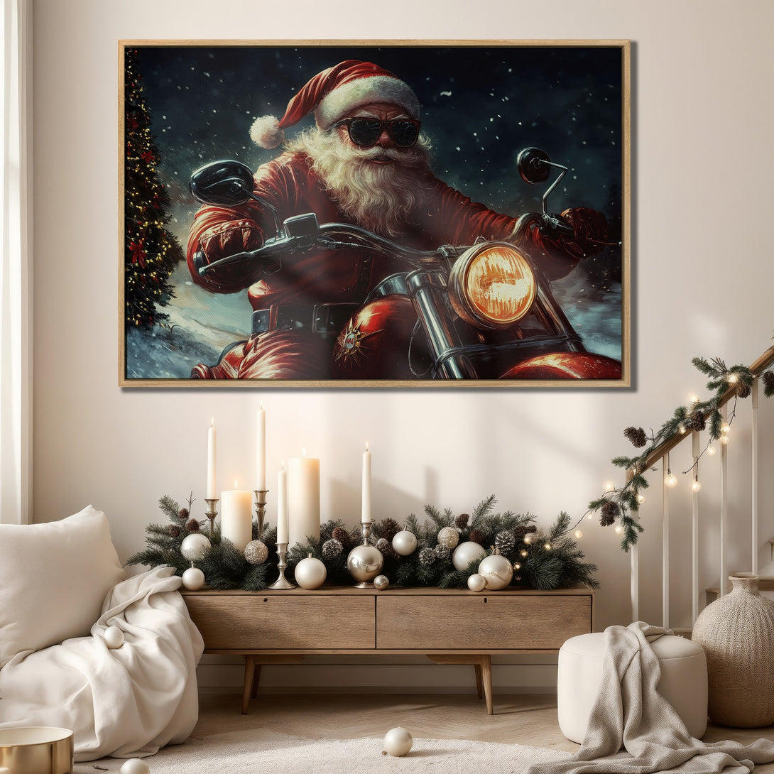Framed Wall Art: Santa Claus on a motorcycle in a winter scene. Red and black color palette. Perfect Christmas decor for a cool vibe.