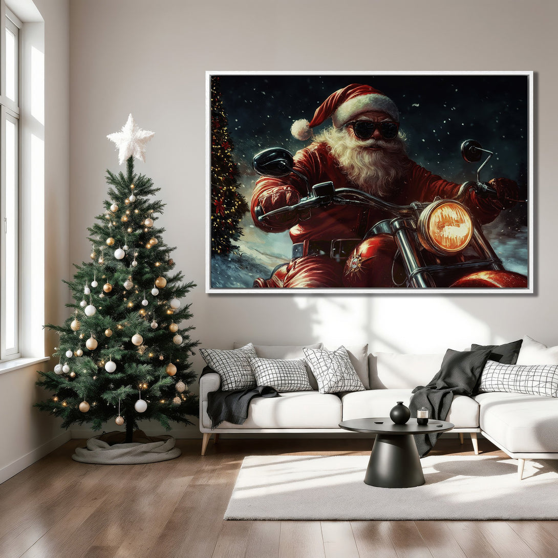 Framed Wall Art: Santa on a motorcycle, bold red and black palette. Modern Christmas decor, perfect for holiday home styling. Canvas Print for your living room!