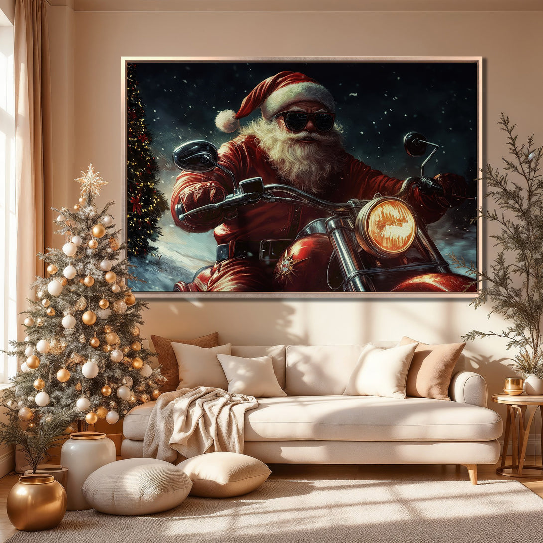 Framed Wall Art: Santa on a motorcycle, festive artwork in red and cool tones. Perfect Christmas decor for a modern living room.