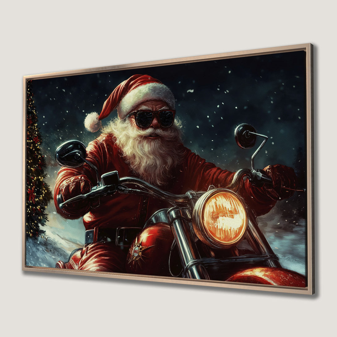 Framed Wall Art: Santa Claus on a motorcycle, winter scene. Red, black, and white color palette. Perfect Christmas decor!