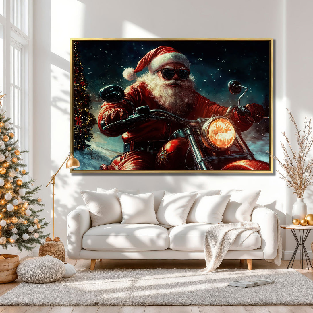 Canvas Print of Santa Claus on a motorcycle, cool and festive. Red and black color palette, perfect Christmas wall art!