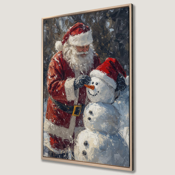 Framed Wall Art: Santa Claus building a snowman, impressionistic style with red, white, and blue hues. Perfect Christmas decor for your home!