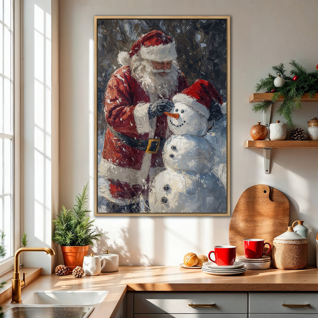 Framed Wall Art: Santa Claus building a snowman. Festive Christmas art in a painterly style with red, white, and blue tones. Perfect holiday decor.