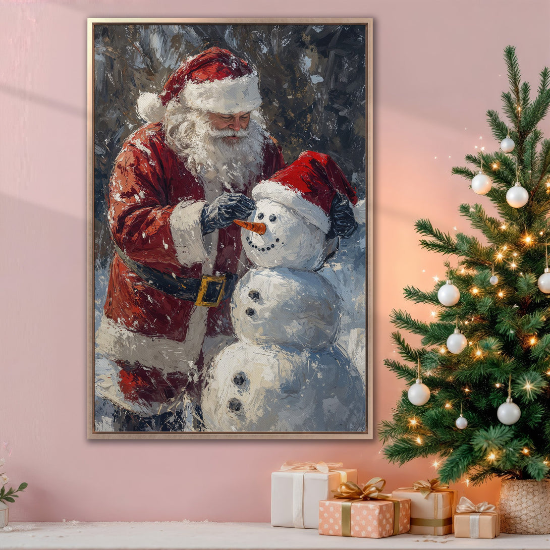 Framed Wall Art: Santa Claus building a snowman, impressionist style. Red, white, and gray palette, perfect for Christmas decor. Bring holiday cheer to your home!