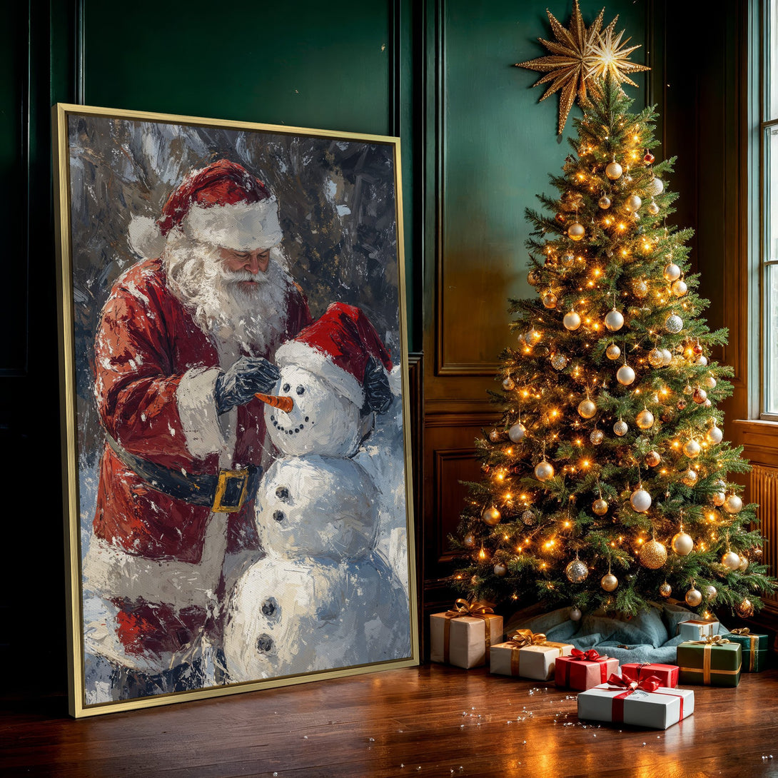 Canvas Print of Santa building a snowman. Festive wall art in a painterly style with a red, white, and blue color palette. Perfect Christmas decor!