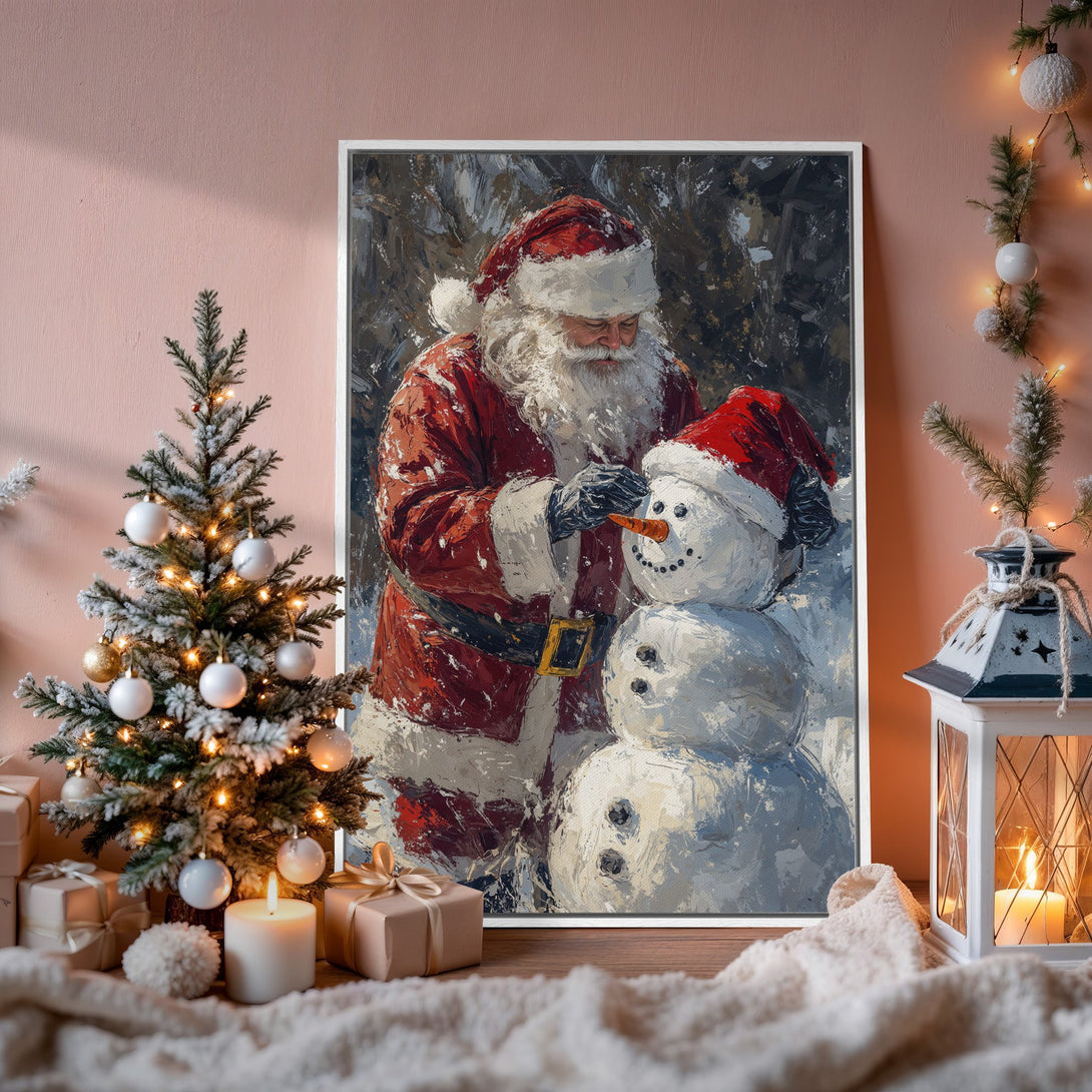 Framed Wall Art: Santa Claus building a snowman, impressionist style, warm red and white tones, perfect for Christmas decor.
