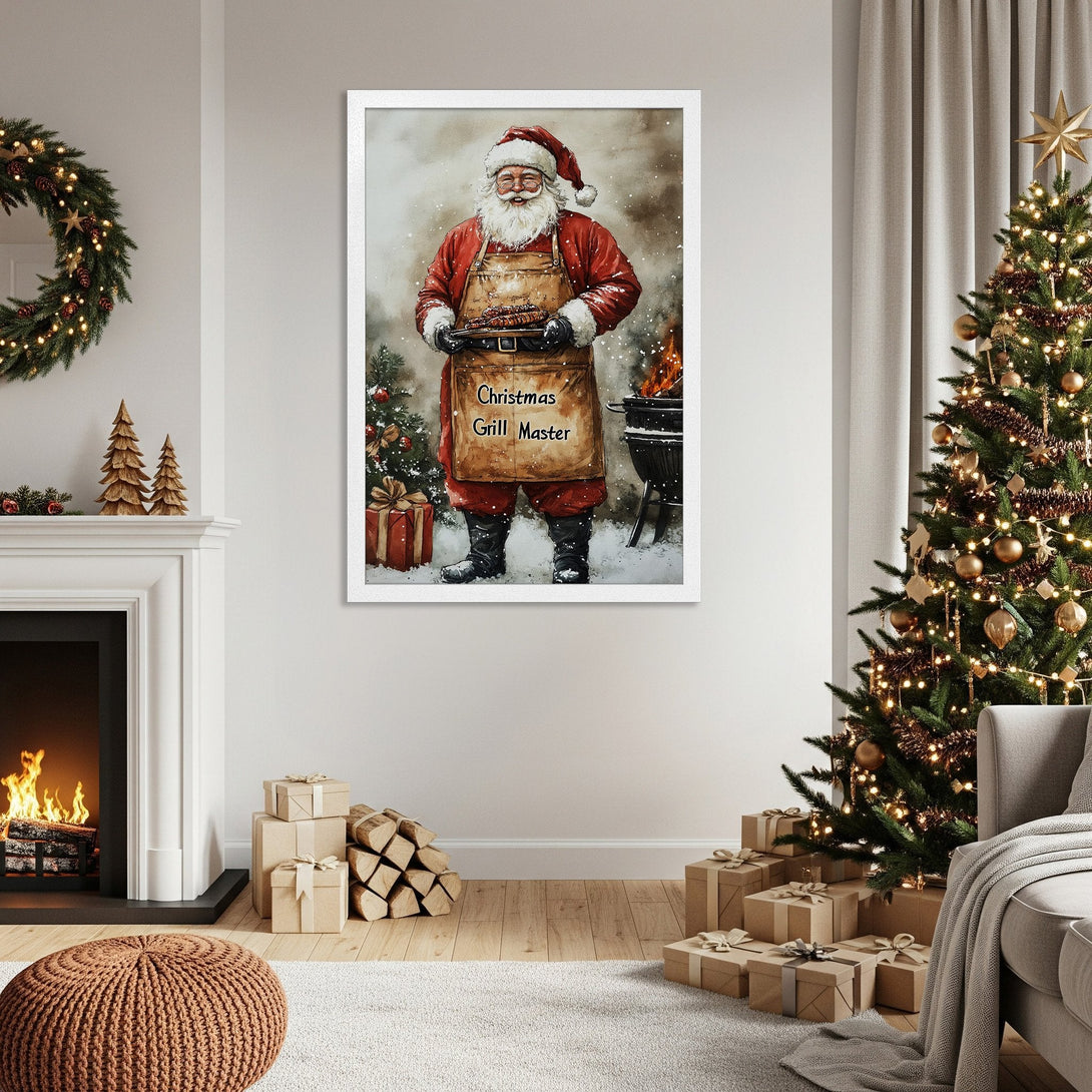 Framed Poster featuring Santa as a Christmas Grill Master, watercolor style, warm red and neutral color palette. Perfect holiday decor!
