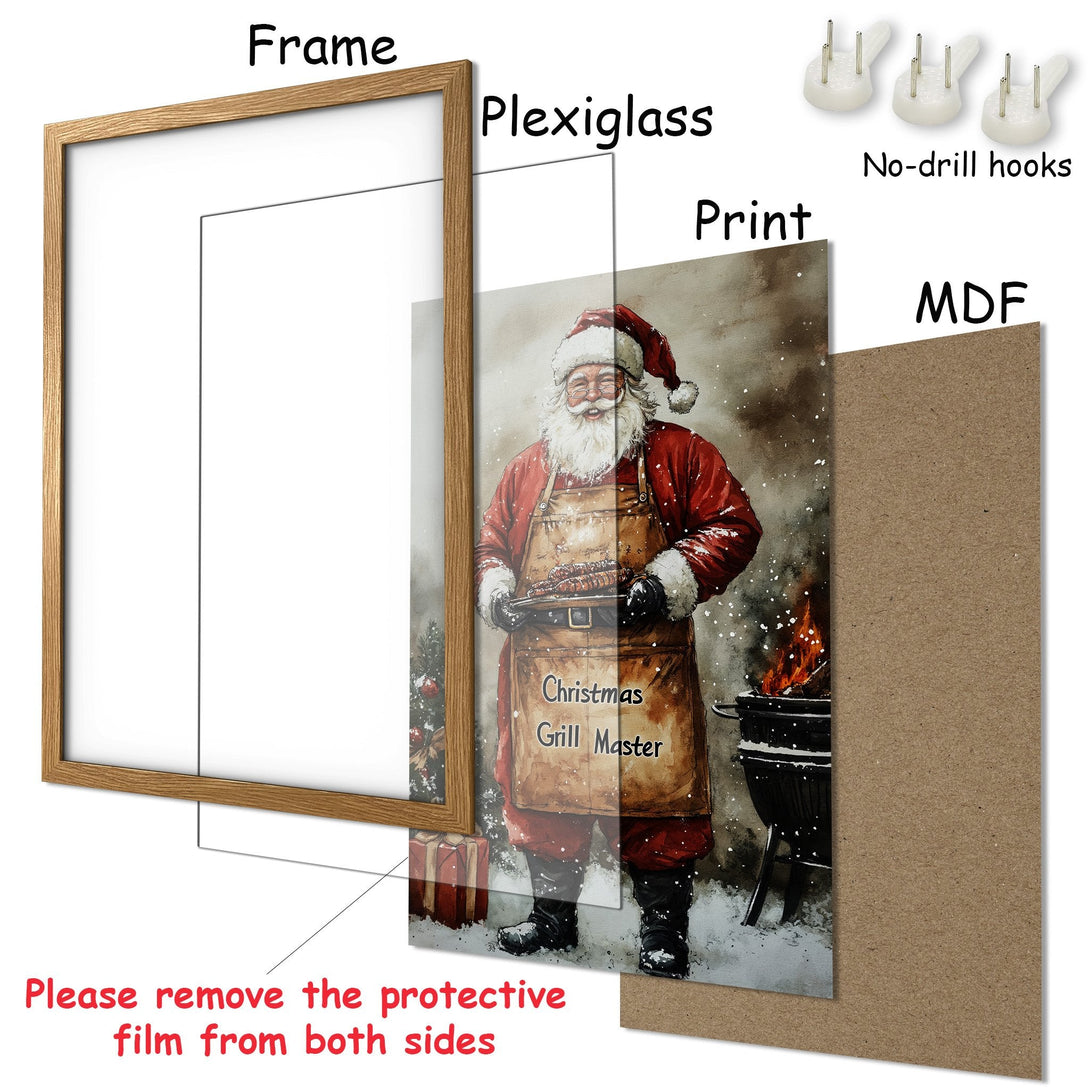 Framed Poster featuring Santa grilling, watercolor style, warm red & brown tones. Perfect Christmas decor!