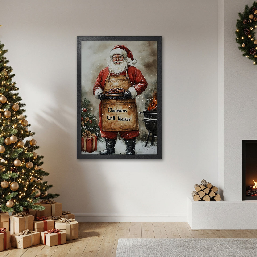 Framed Poster featuring Santa as a Christmas Grill Master, watercolor style, red & neutral palette. Perfect holiday decor!