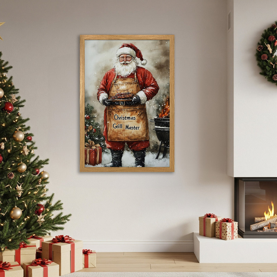 Framed Poster featuring Santa as a Christmas Grill Master, watercolor style, red and brown palette. Festive holiday decor.