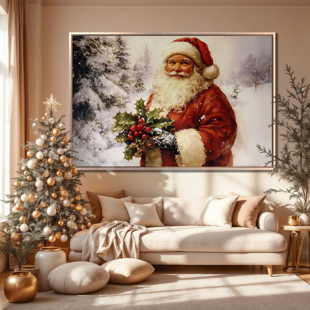 Framed Wall Art: Santa Claus painting with a warm, inviting color palette. Perfect Christmas decor for a cozy living room. Shop now!