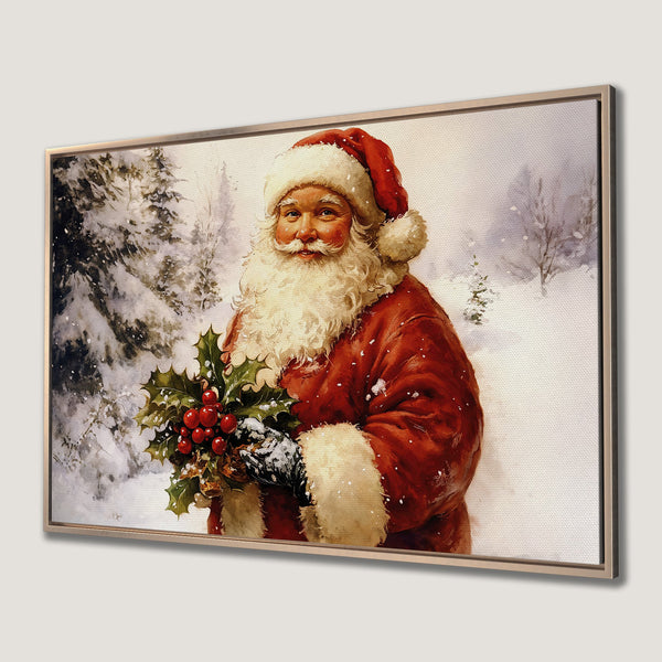 Framed Wall Art featuring Santa Claus in a winter scene. Classic style with red, white, and green hues. Perfect Christmas decor for your home!