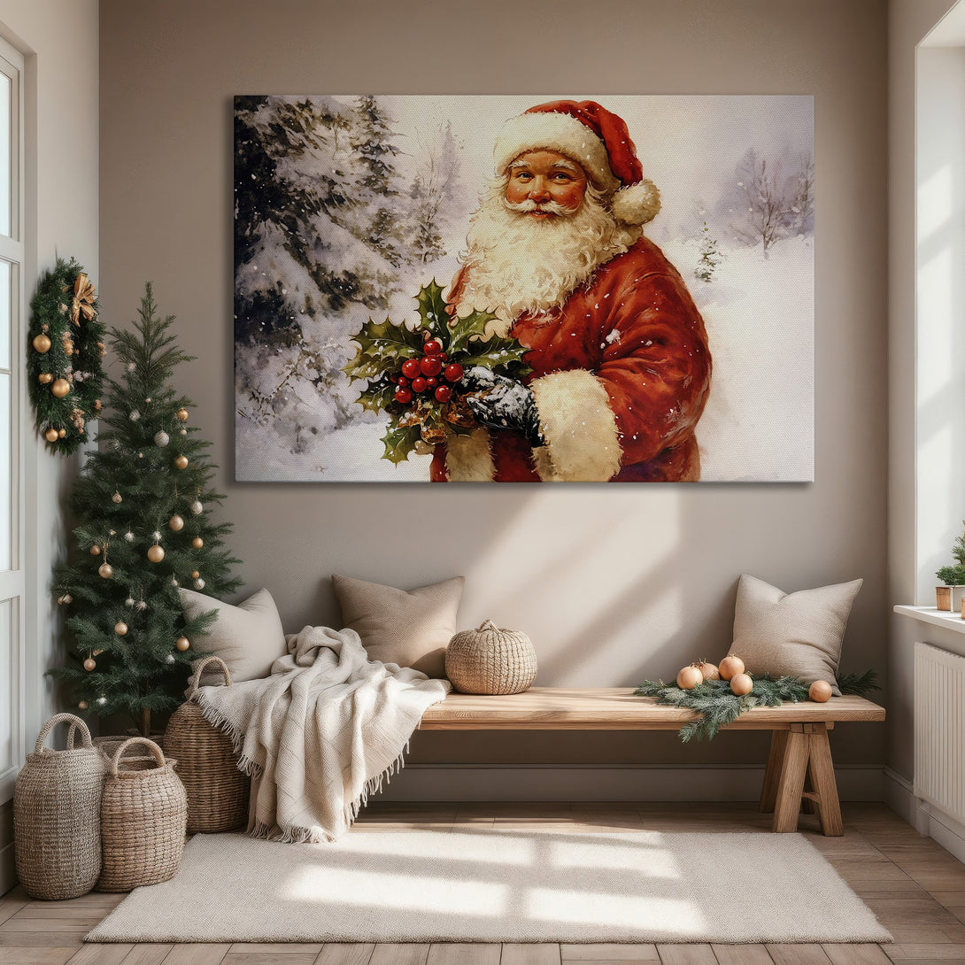 Framed Wall Art: Watercolor Santa Claus in snowy scene. Festive red & white palette adds holiday cheer to any home. Shop now for Christmas decor!