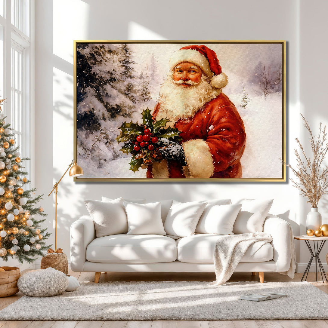 Canvas Print of Santa Claus in a snowy landscape, warm red and white tones. Festive wall art for Christmas decor.