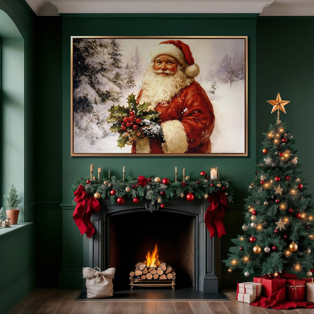 Framed Wall Art featuring Santa Claus in a snowy scene. Classic style with a festive red, green, and gold color palette, perfect for Christmas decor.