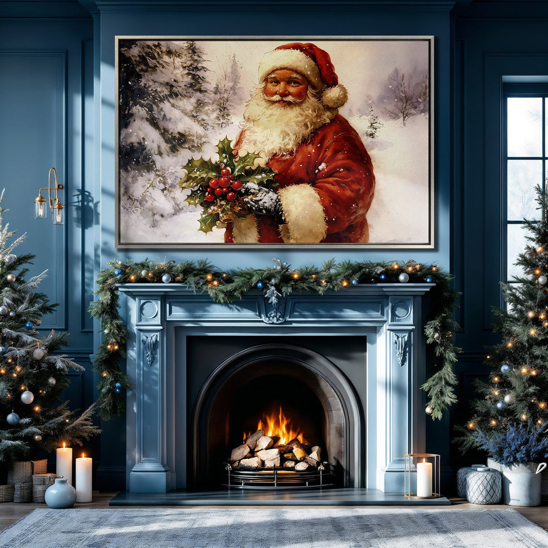 Framed Wall Art: Santa Claus Canvas Print in a cozy Christmas scene. Warm red and white tones pop against a blue interior. Perfect holiday decor!