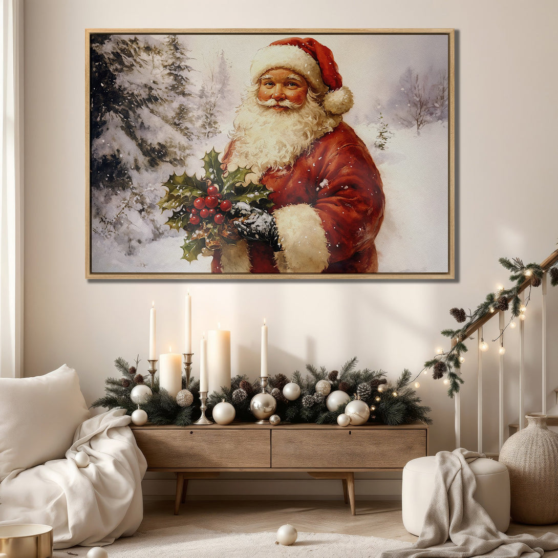 Framed Wall Art: Classic Santa Claus in winter scene. Warm red, white, and neutral tones create a cozy Christmas vibe. Perfect holiday decor for your home!